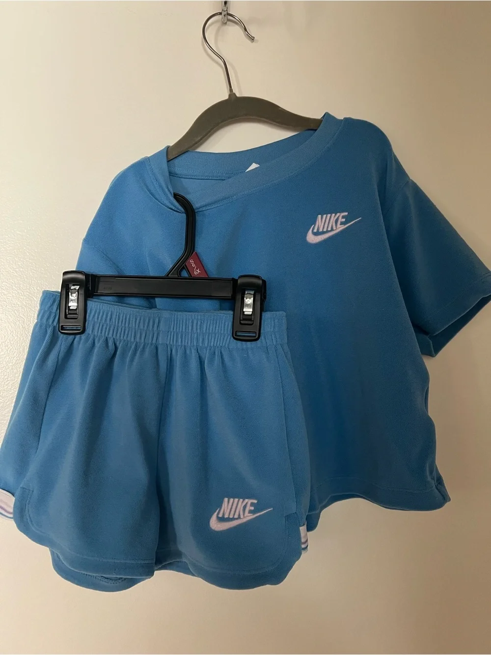 Nike Kids Blue Athletic Shorts Set with Pink Logo